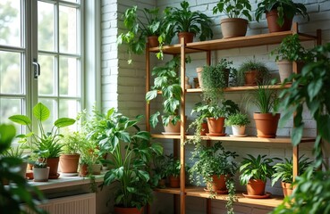 Fototapeta premium Shelving with indoor plants philodendron, others in pots in room by window. Green home garden with houseplant growing. Botanic decoration, rich leaves, tropical foliage growth in light, temperature.