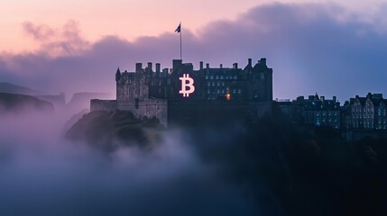 Naklejka premium Castle Emerging from Mist with Bitcoin Symbol at Dawn Light