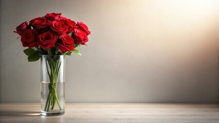 Fototapeta premium A bouquet of deep red roses in a clear glass vase, arranged on a light wooden surface against a neutral backdrop, illuminated by soft, warm light
