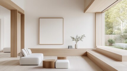Minimalist living room interior with wooden accents and large window, offering a peaceful and modern atmosphere.