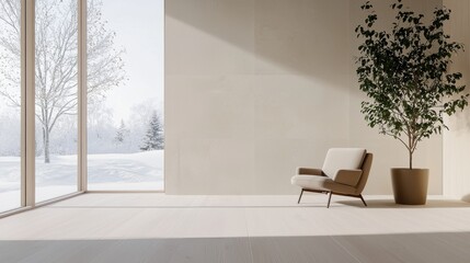Minimalist living room with cozy armchair, large window, and potted plant, overlooking a serene winter landscape.
