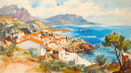 Watercolor painting of a coastal town nestled amongst mountains overlooking a calm ocean with rocky shores and small boats, featuring warm colors, foliage, and a sandy beach.
