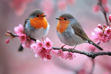 Fototapeta premium Flock of Japanese Robins Perched on Blossoming Branch with Soft Pink Flowers Background
