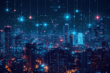 Night cityscape with glowing digital network. Illustrates smart city technology and data connections.
