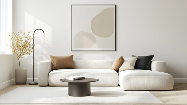 Minimalist living room with modern furniture and abstract art, featuring neutral tones and a cozy atmosphere.