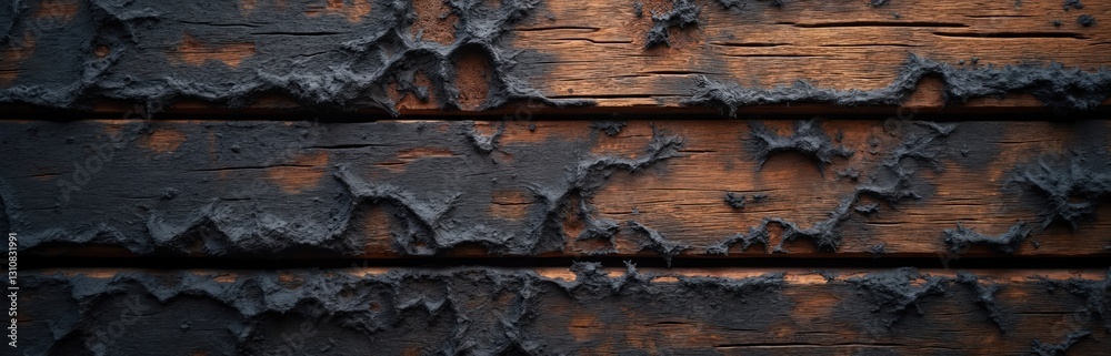Poster burnt wood texture. charred tree sections, raw planks closeup. rustic natural material. black and br
