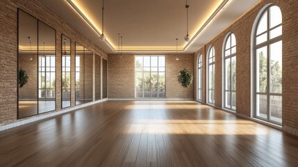 Empty spacious yoga studio with large windows, brick walls, and wooden floors.