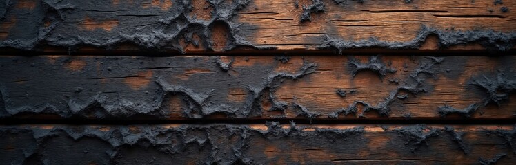 Burnt wood texture. Charred tree sections, raw planks closeup. Rustic natural material. Black and brown pattern. Aged wooden board with burn marks. Banner background with copy space.