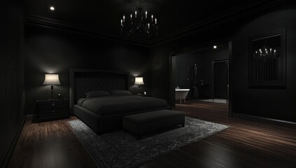 Dark bedroom interior with a luxurious bed, nightstands, and an ensuite bathroom.