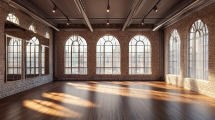 Empty loft-style studio with large arched windows, hardwood floors, and brick walls, bathed in sunlight.