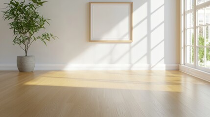 Minimalist room with natural light, wooden floor, plants, and frame on wall, offering a serene and modern atmosphere.