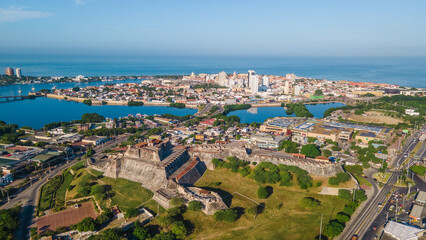 Obraz premium Aerial View of Castle of San Felipe and Cartagena Cityscape, Bolivar, Colombia