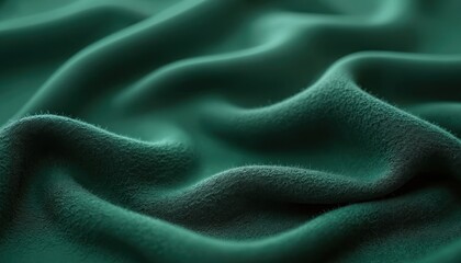Close-up of soft green textile fabric with waves. Template design texture background. Delicate folds and subtle shadow play. Ideal for fashion, interior design projects or backgrounds.