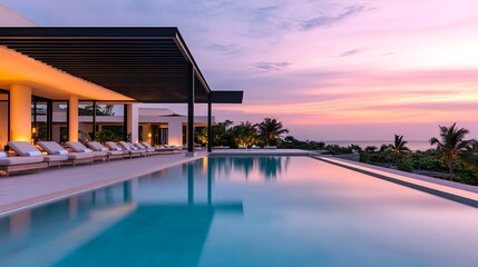 Fototapeta premium Luxury Villa Sunset Poolside Relaxation - Luxury travel and relaxation