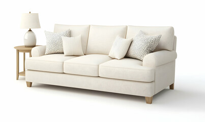 Fototapeta premium Modern Minimalist White Couch with Decorative Cushions and Lamp