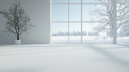Minimalist winter scene with trees, snow, and large windows capturing serene outdoor view.