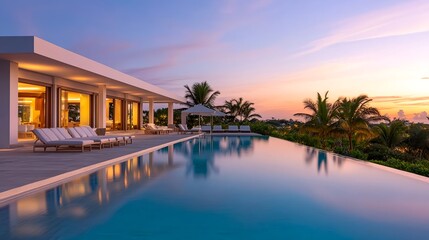Fototapeta premium Luxury Sunset Villa Poolside Paradise - Luxury travel and vacation .