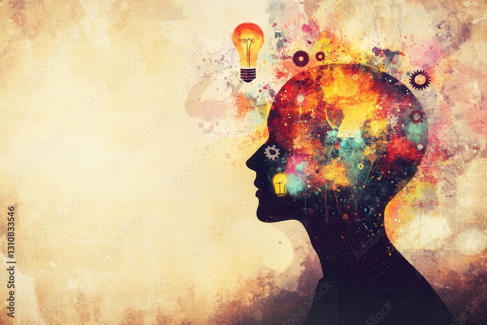 Poster Creative symbols fill a silhouette of a human head in a futuristic artistic representation emphasizing imagination and innovation