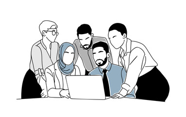 Multiracial business team meeting. Team work business concept illustration. Different people working together. Modern simple outline vector for graphic, web design. Isolated