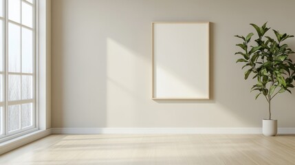 Minimalistic room with empty canvas on wall and potted plant, large window letting in natural light, clean wooden floor.