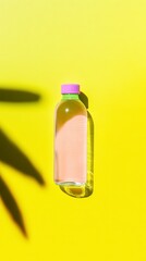 Glass Bottle with Pink Liquid on Yellow Background with Palm Shadow