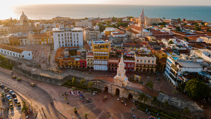 Aerial View of Historic Cartagena, Colombia with Colorful Buildings and the Caribbean Sea