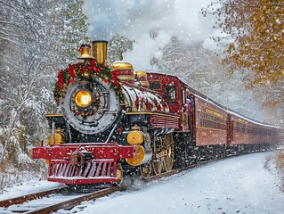 Festive steam train in snowy winter landscape.