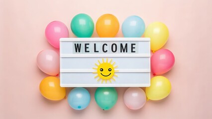virtual classroom education with accessibility Concept Cheerful welcome sign surrounded by colorful balloons.