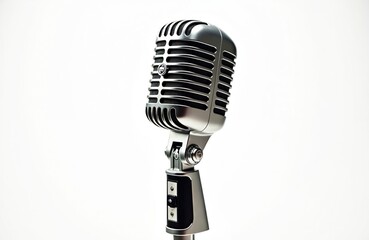 Fototapeta premium Retro microphone on clean white backdrop. Classic design metallic mic used in broadcasting, music recording or audio performances. Vintage equipment from golden age of radio for studio or stage.