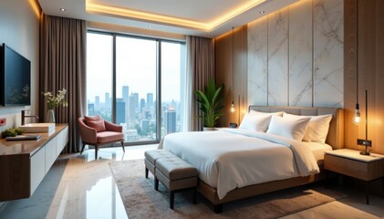 Spacious bedroom with marble bathroom, city view, comfortable, sunlight, accommodation
