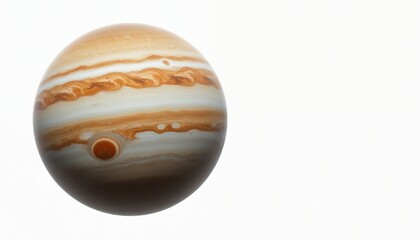 Planet Jupiter isolated on white background. Gas giant, fifth planet solar system. Solar system largest planet with red spot, white and brown stripes. Distant cold gaseous sphere. Space exploration.