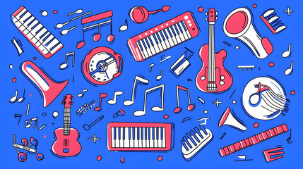 Colorful Musical Instruments and Notes on Blue Background