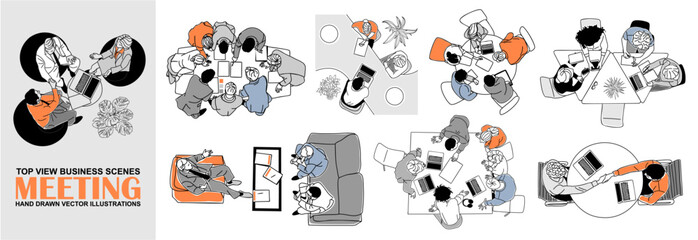 Business meeting top view illustrations. Business scenes of different men and women working together overhead view. Modern vector simple outline drawings Isolated