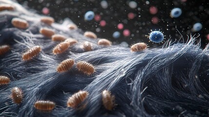 A 3D render of a small, high-resolution medical illustration showing an embroidered linen cloth with large brown mites and oval-shaped blue bacteria floating on it. The background is dark gray, 