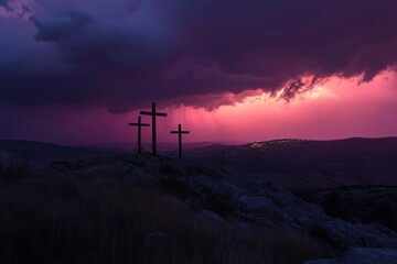 dramatic twilight scene of three wooden crosses silhouetted against a stormy purple-orange sky, atop a rugged hill, with jerusalem visible in the distant valley below