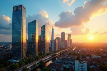 Fototapeta premium Sunlit Frankfurt banking district skyscrapers, geb?ude, architecture