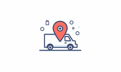 Delivery van with location pin and elements of modern logistics