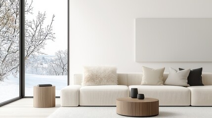 Modern minimalist living room with cozy furniture and large windows overlooking a snowy landscape.