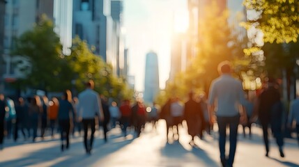 Obraz premium Blurred City Street Crowd Sunset Urban Background - Blurred backgro.