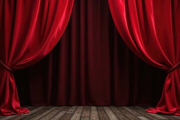 Vibrant red velvet curtain backdrop, deep black background, ceremony, performance