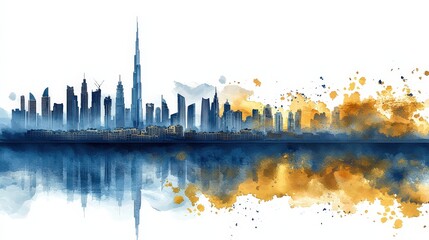 Obraz premium Luxurious Navy and Gold Watercolor City Skyline Against a Clear Sky with Reflections