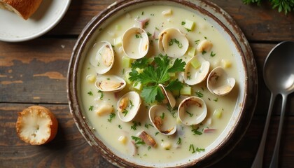 Delicious creamy clam chowder soup with fresh parsley on wooden table