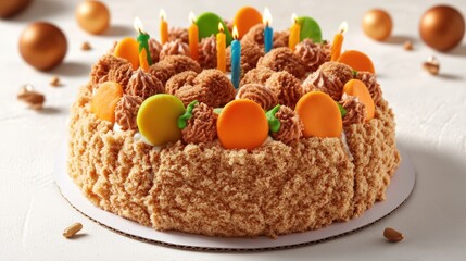 Birthday cake adorned with candles ready to be celebrated surrounded by colorful banner background for festive vibe