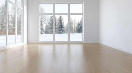 Spacious empty room with large windows overlooking a snowy landscape, inviting natural light and serenity.
