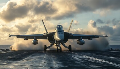 Fighter jet launching from aircraft carrier at sunset. (1)