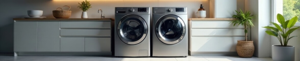 Sleek steel washer & dryer in modern laundry room, chrome, design