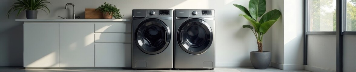 Sleek steel washer & dryer in modern laundry room, tumble dryer, washing machine