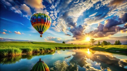 Fototapeta premium Serene Sunset Landscape with Colorful Hot Air Balloon Soaring Above a Tranquil Pond and Lush Green Meadow