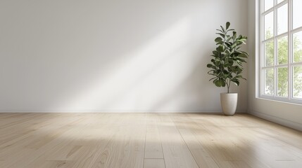 Spacious minimalist room with wooden floor and potted plant by sunlit window, casting soft natural shadows.