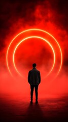 A man stands in front of a red circle with a glowing light inside